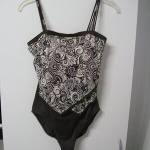 It Figures One Piece Swimsuit Brown/White Floral Print Layered Look Size 10